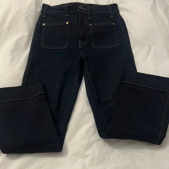 KHAITE Raquel Dark Patch Pocket Blue Flare Crop Jeans 25 - Picture 5 of 11